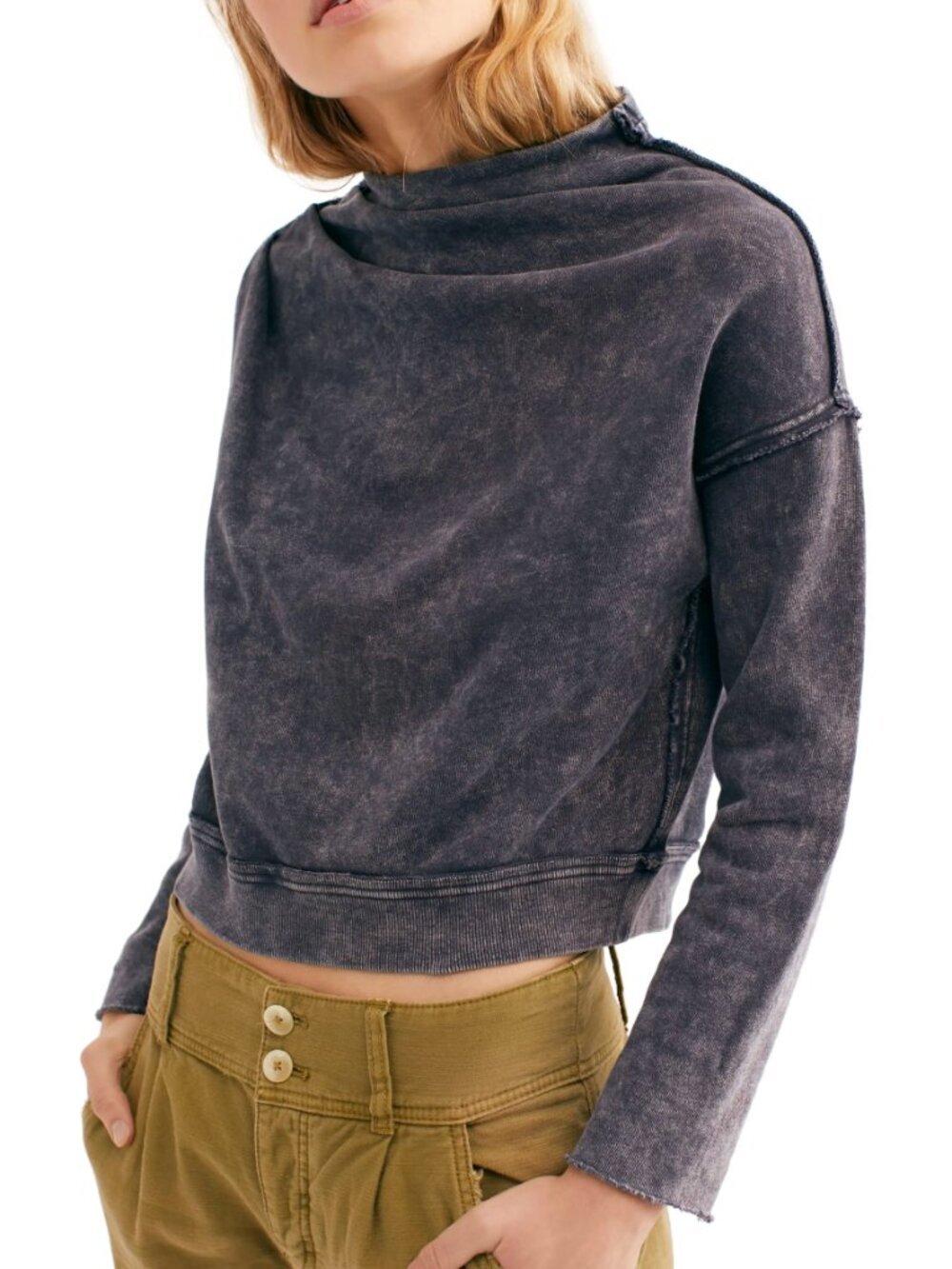 Free People 100% Cotton Oh Marley Pullover Funnel Neck Sweater Washed Black, XS